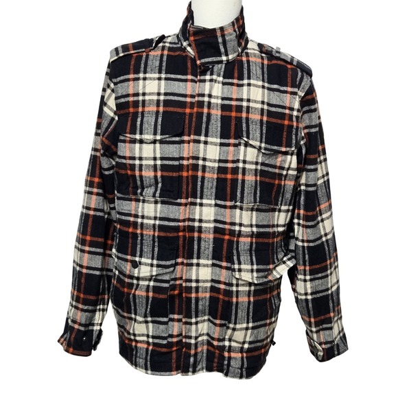 prAna Jacket Mens Medium Black Orange Plaid Quilted Lined Full Zip